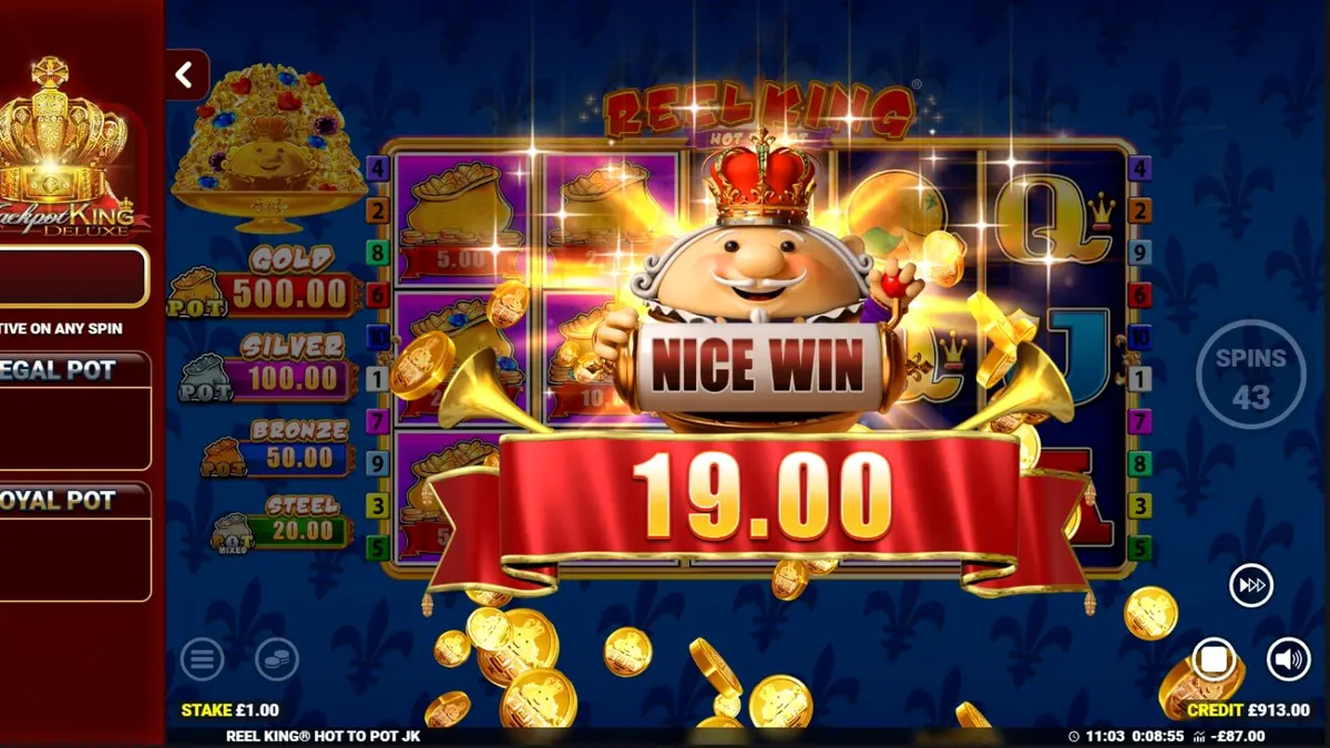 Tampilan visual mesin slot Reel King Hot to Pot dengan nuansa emas dan buah-buahan klasik