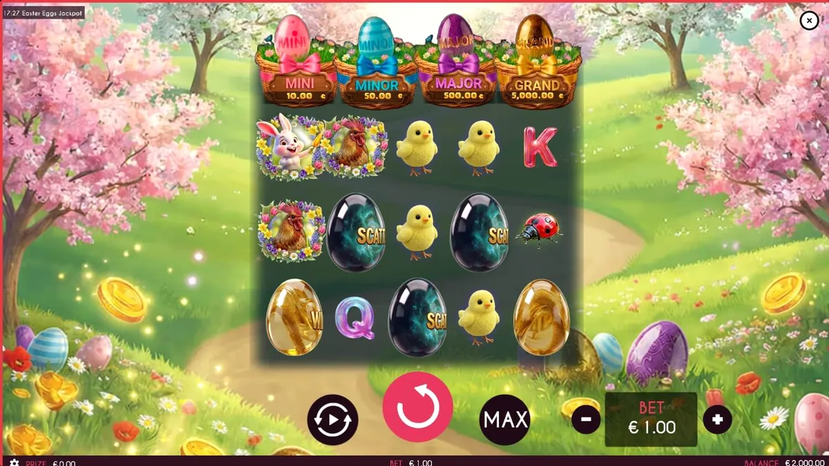 Tampilan visual slot Easter Eggs Jackpot dengan tema musim semi yang penuh warna
